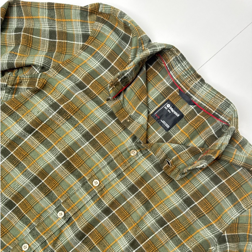 Marmot Mens XL Green Orange Plaid Flannel Button Down Shirt 42690 Long Sleeve